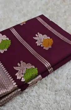 Wine Floral Printed Banarasi Silk Saree